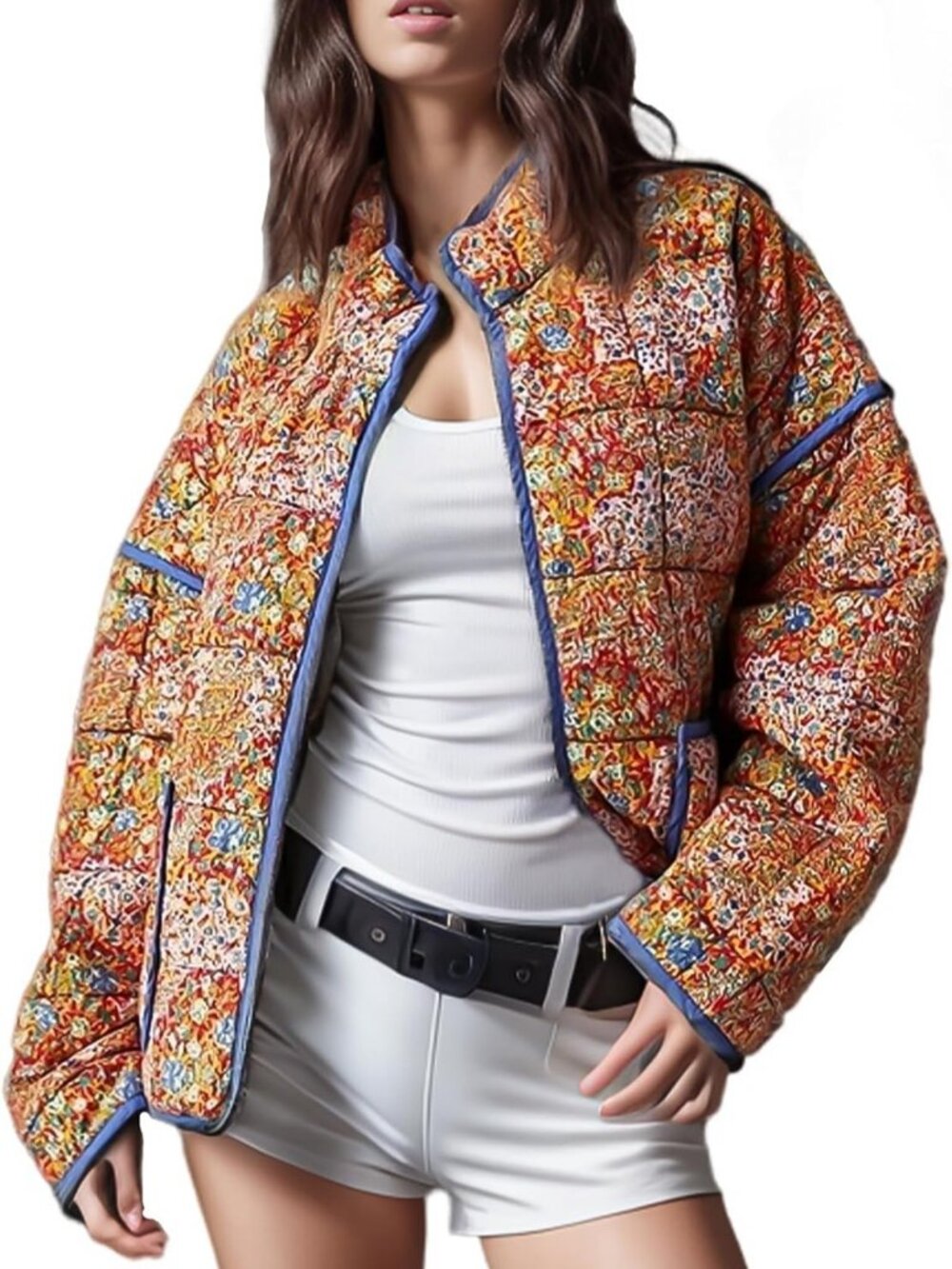 Floral Print Cropped Quilted Puffer Jacket | Lightweight Open Front Women's